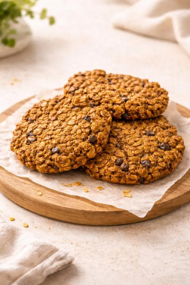 Freshly baked oat cookies on a wooden board