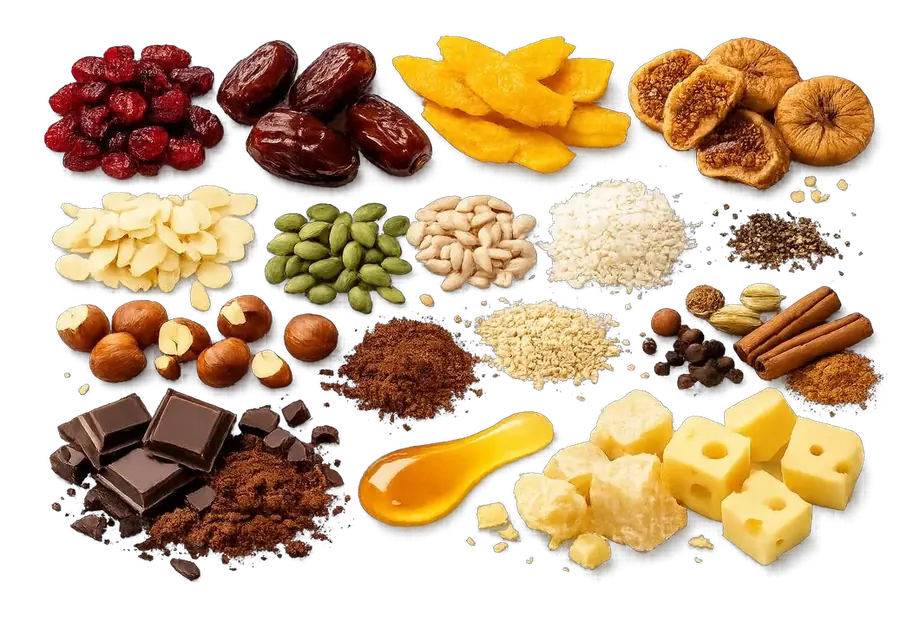 Inclusions: dried fruits, nuts, seeds, chocolate, cheese, spices and honey